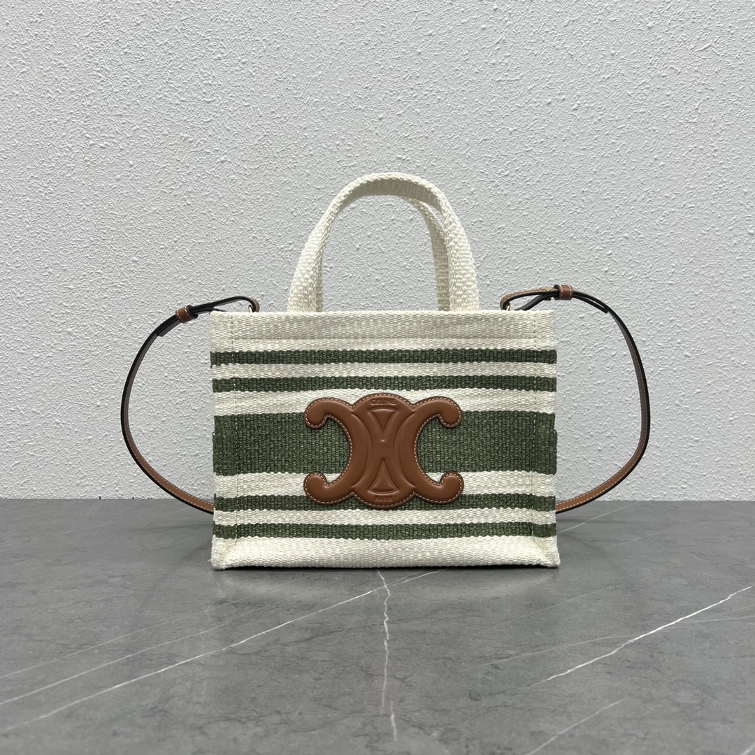 Celine Small Cabas Thais In Striped Textile And Calfskin Cream/Green 199162